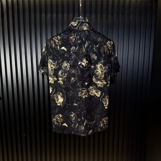 Dark Base Floral Star Glitter Lightweight Short Sleeve Lapel Shirt