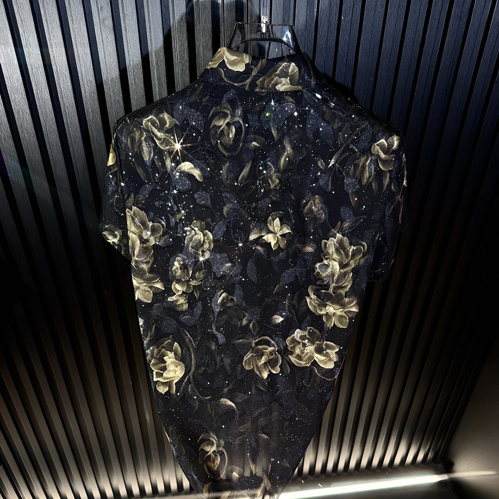 Dark Base Floral Star Glitter Lightweight Short Sleeve Lapel Shirt