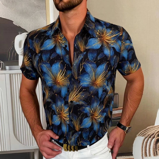 Gilded Line Lily Floral Allover Print Slim Fit Short Sleeve Lapel Shirt