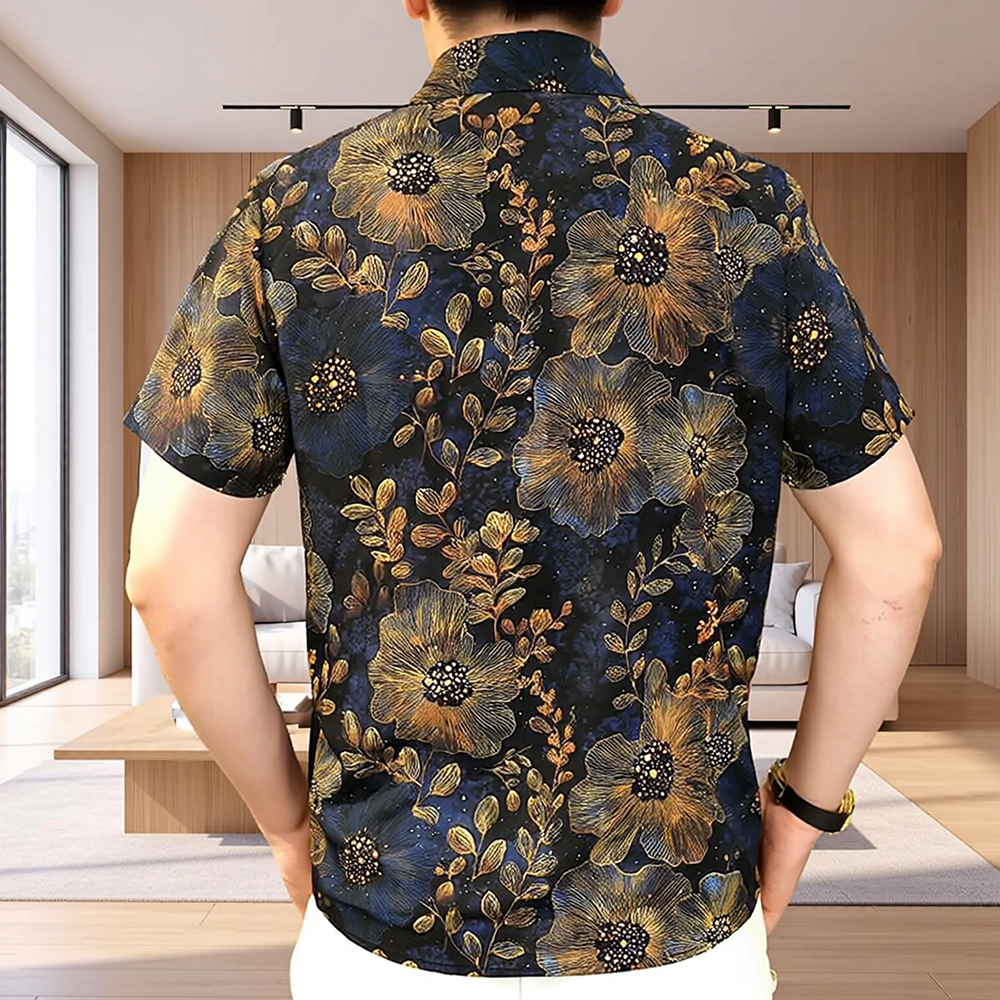 Vintage Sunflower & Leaf Allover Print Glossy Short Sleeve Lapel Shirt