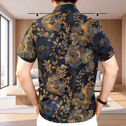 Vintage Sunflower & Leaf Allover Print Glossy Short Sleeve Lapel Shirt