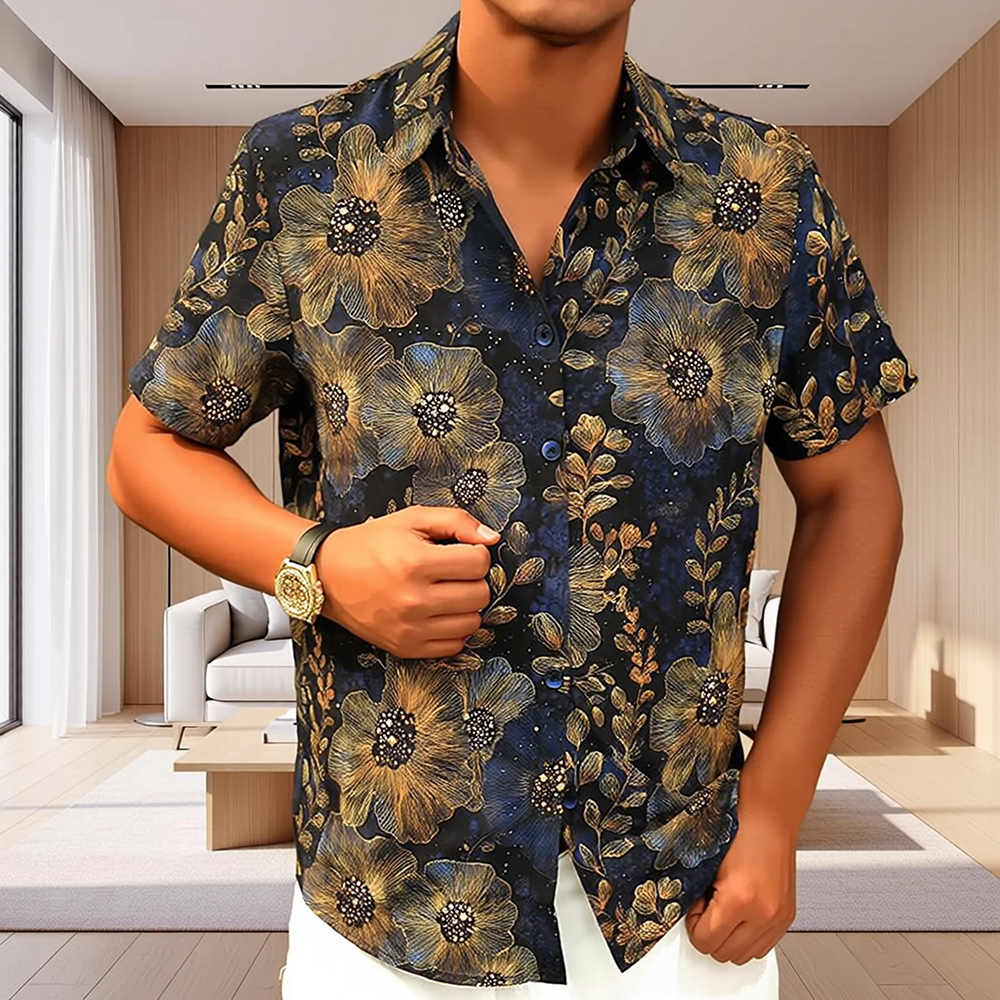 Vintage Sunflower & Leaf Allover Print Glossy Short Sleeve Lapel Shirt