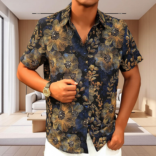 Vintage Sunflower & Leaf Allover Print Glossy Short Sleeve Lapel Shirt