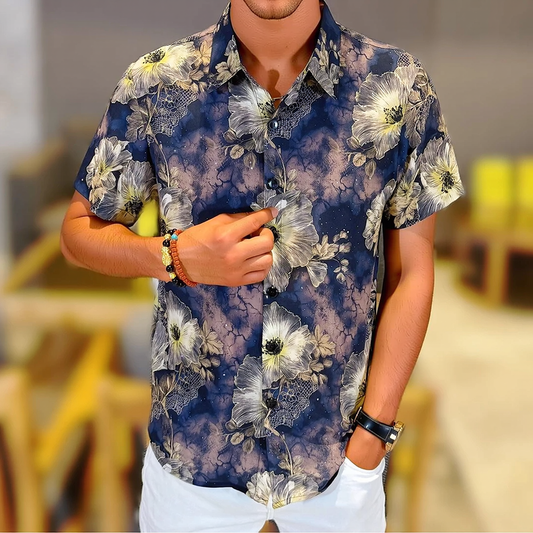 Floral Allover Print Draped Short Sleeve Lapel Shirt