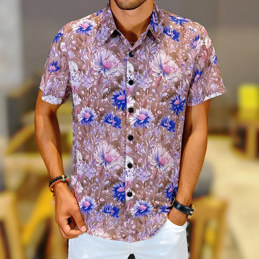 Floral Allover Print Draped Short Sleeve Lapel Shirt