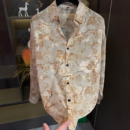 Floral Freehand Print Sheer Long Sleeve Lapel Shirt