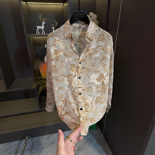 Floral Freehand Print Sheer Long Sleeve Lapel Shirt
