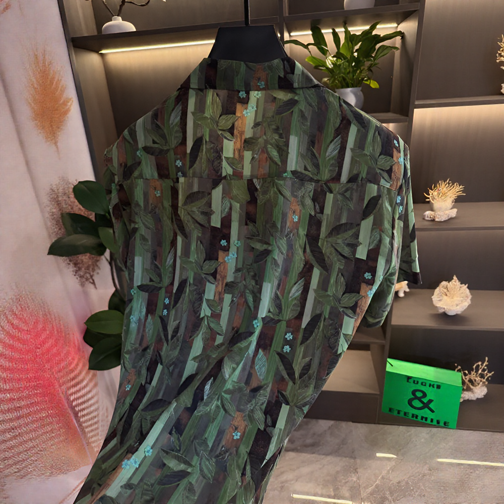 Vertical Strip Leaf Print Lightweight Sheer Short Sleeve Lapel Shirt