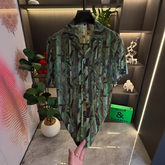 Vertical Strip Leaf Print Lightweight Sheer Short Sleeve Lapel Shirt