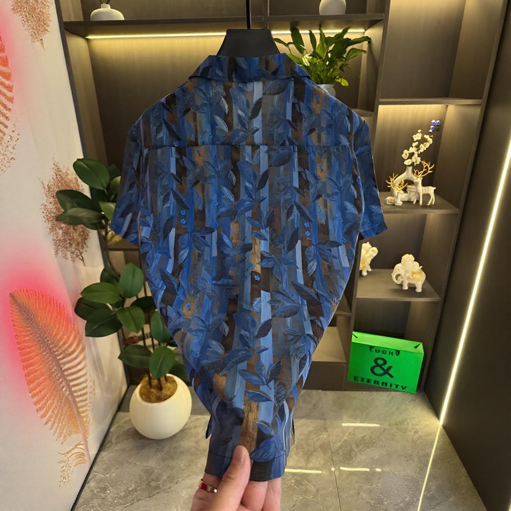 Vertical Strip Leaf Print Lightweight Sheer Short Sleeve Lapel Shirt