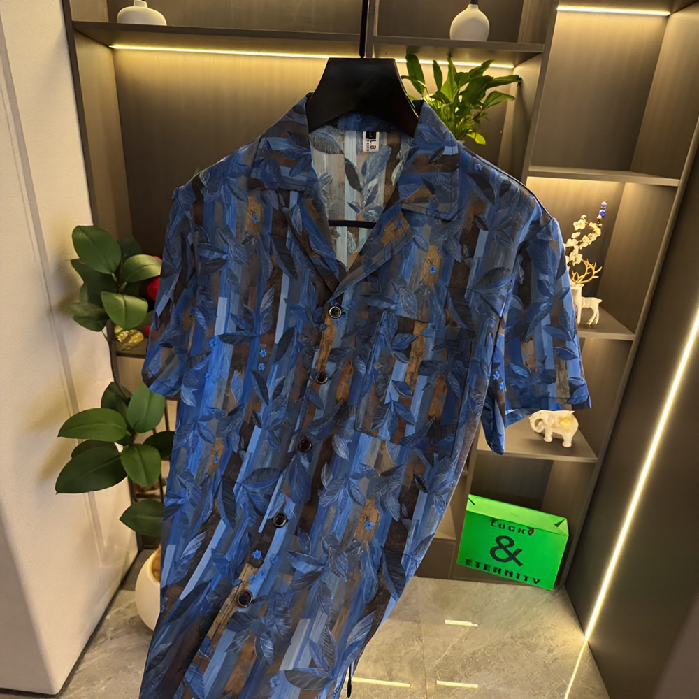 Vertical Strip Leaf Print Lightweight Sheer Short Sleeve Lapel Shirt