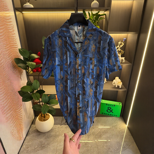 Vertical Strip Leaf Print Lightweight Sheer Short Sleeve Lapel Shirt