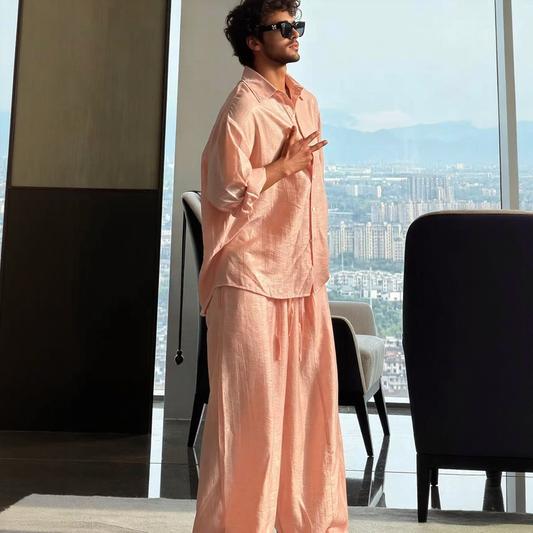 Texture Wrinkle Loose Long Sleeve Shirt & Wide Leg Pants Two-Piece Set