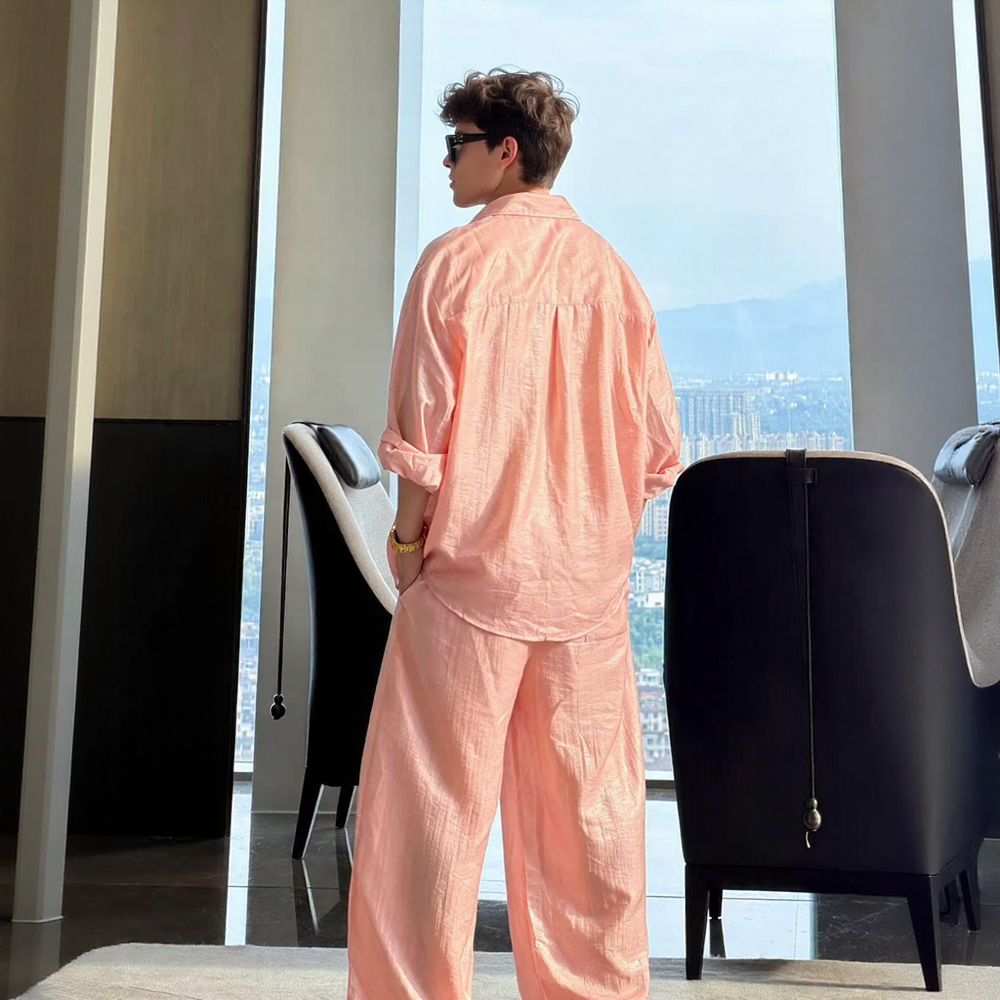 Texture Wrinkle Loose Long Sleeve Shirt & Wide Leg Pants Two-Piece Set
