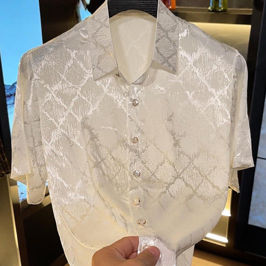 Reflective plaid silk acetate short-sleeved shirt