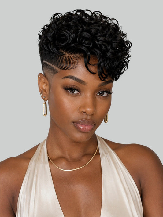 Pixie wig curly 6 inches Black 100% human hair Glueless with Full lace TWA with Fade and Hard Part style 8