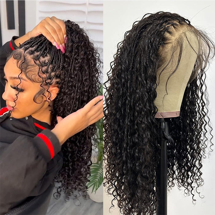 Knotless Boho Braids HD 13x6 Lace Frontal Human Hair Wig Flexi Fit Drawstring Cap Water Wave Glueless Braided Wigs