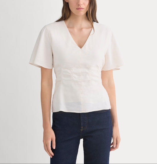 Cinched Top in Stretch Linen | Bone