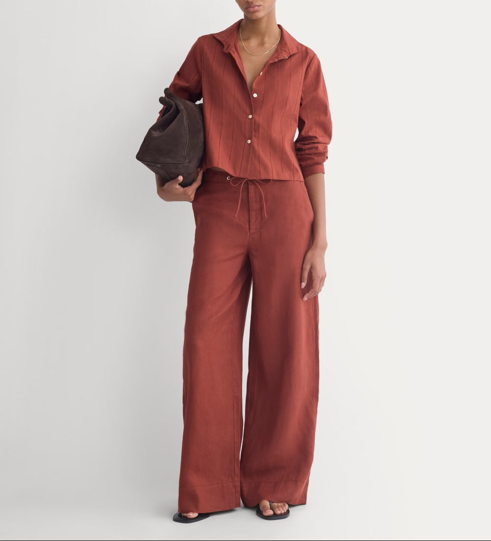 Wide-Leg Drawstring Pant in Linen | Henna Red
