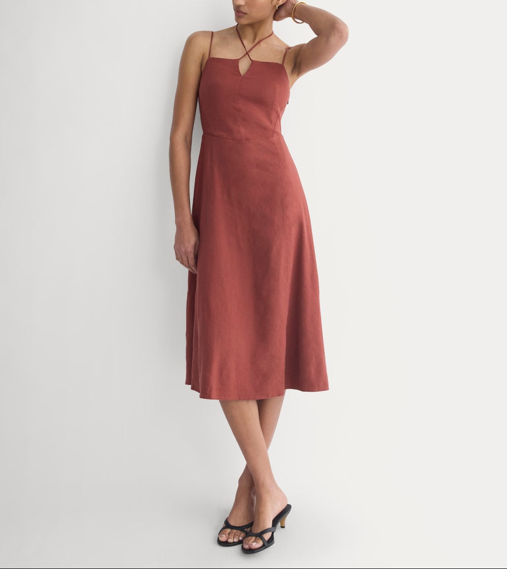 Tie-Neck Dress in Stretch Linen | Henna Red