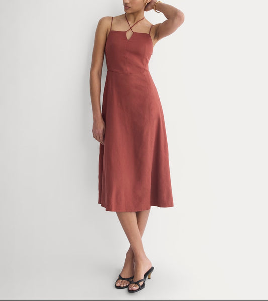 Tie-Neck Dress in Stretch Linen | Henna Red
