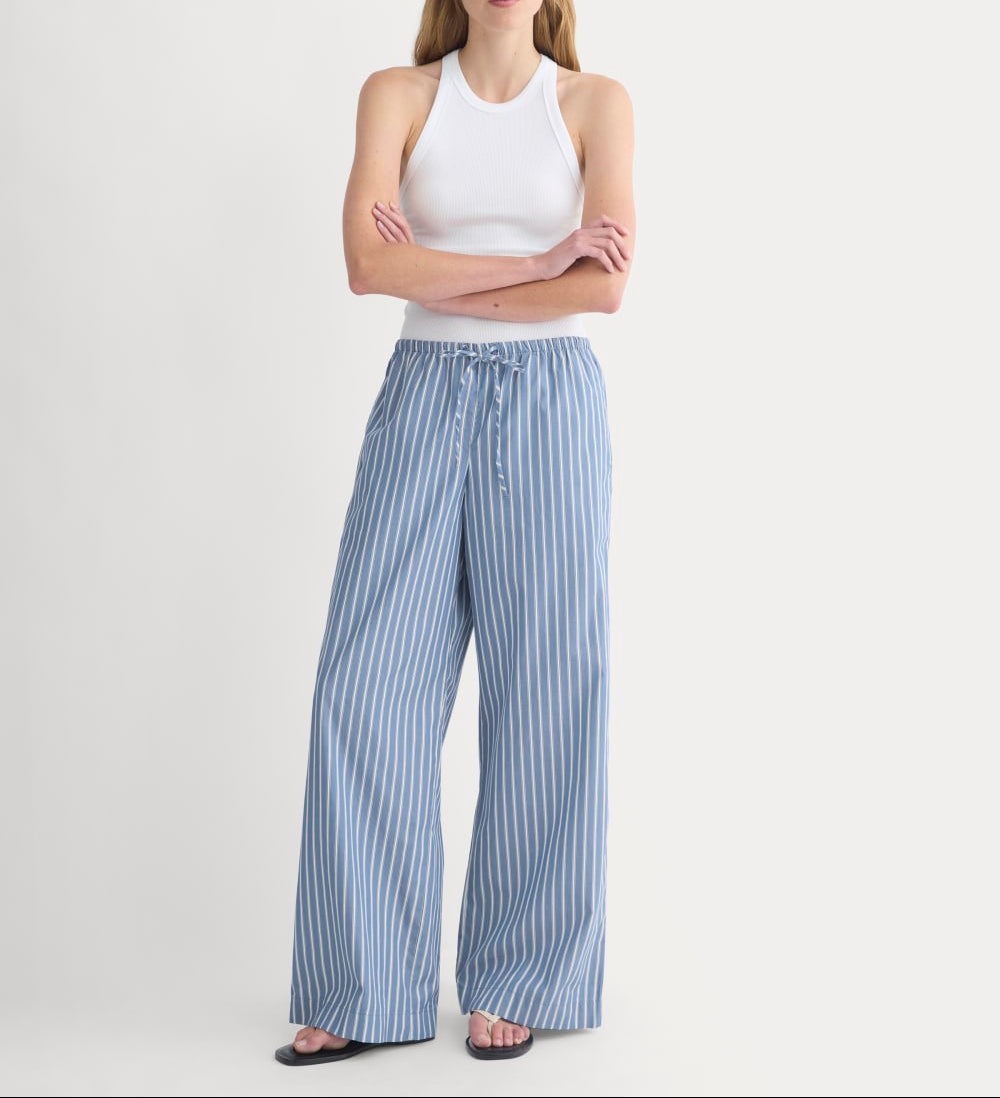 Wide-Leg Drawstring Pant in Washed Poplin | Dutch Blue / Bone