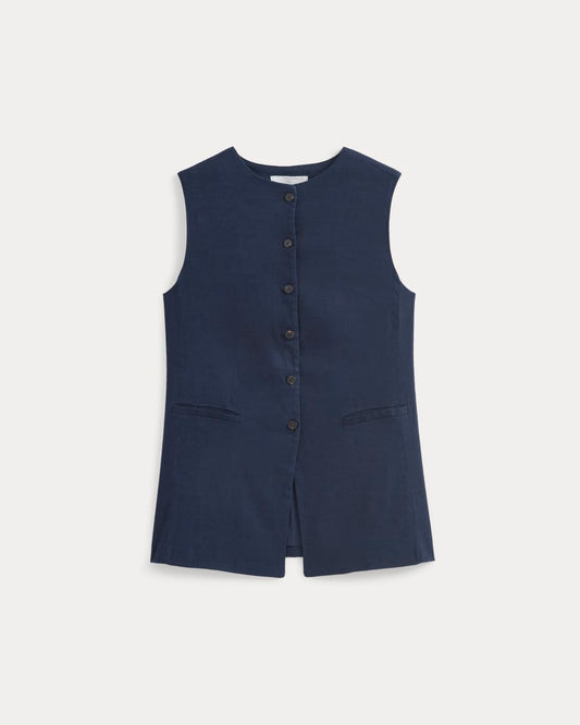 Long Vest in Stretch Linen | Navy