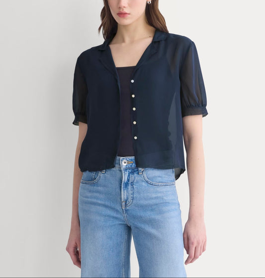 Notch Collar Shirt in Silk Georgette | Navy