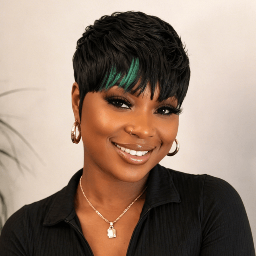 Green Part Machine Made Short Pixie Wig