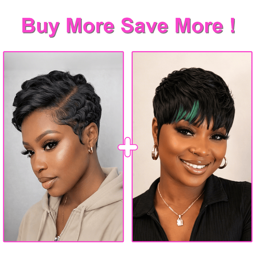 Green Part Machine Made Short Pixie Wig