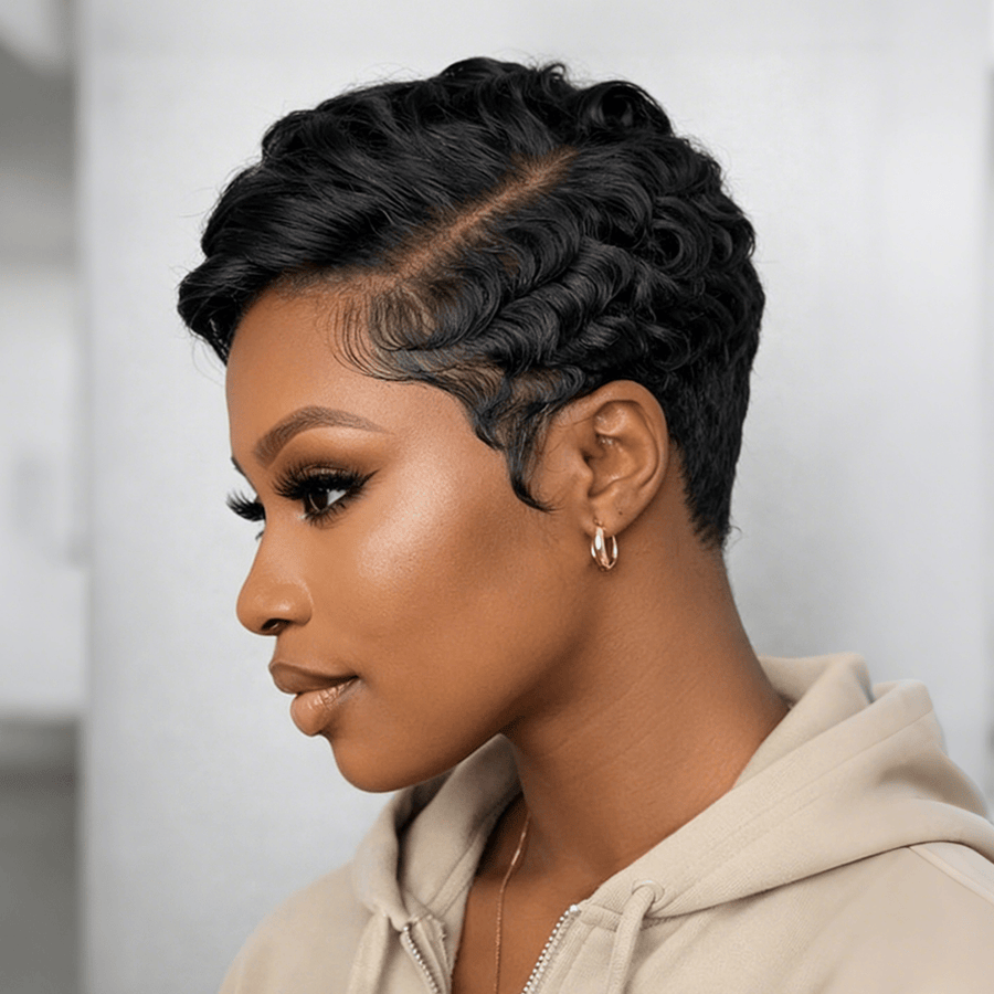 Green Part Machine Made Short Pixie Wig
