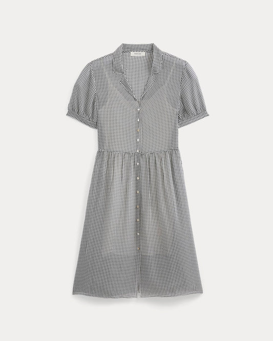 Notch Collar Shirtdress in Silk Georgette | Gardenia/Black Micro Dot
