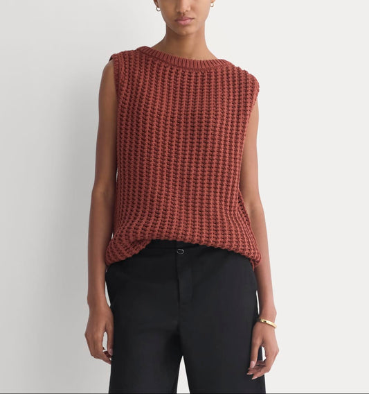 Open-Knit Tunic Vest in Elevated Cotton | Henna Red