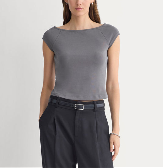 Boatneck Cap-Sleeve Top in Butterknit | Charcoal Grey