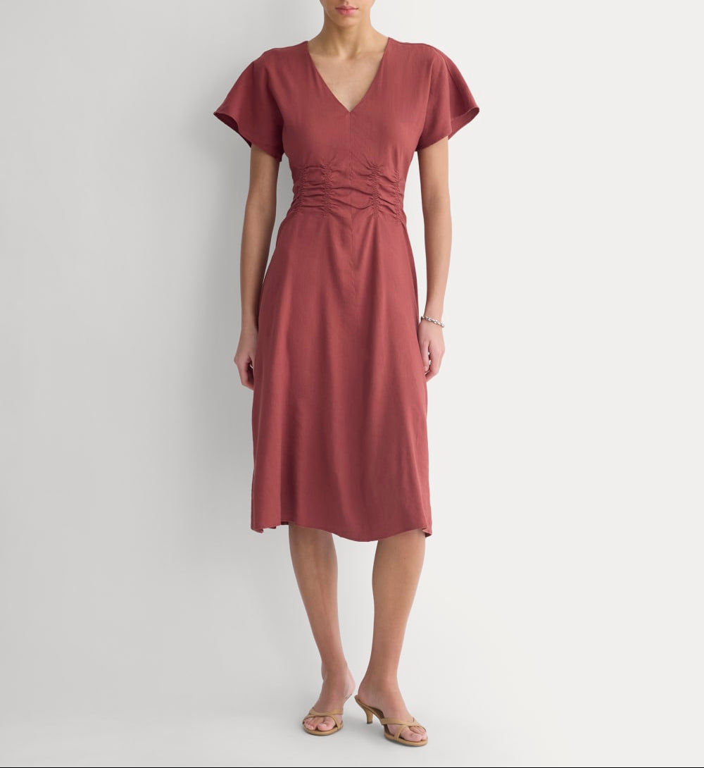 Cinched Dress in Stretch Linen | Henna Red