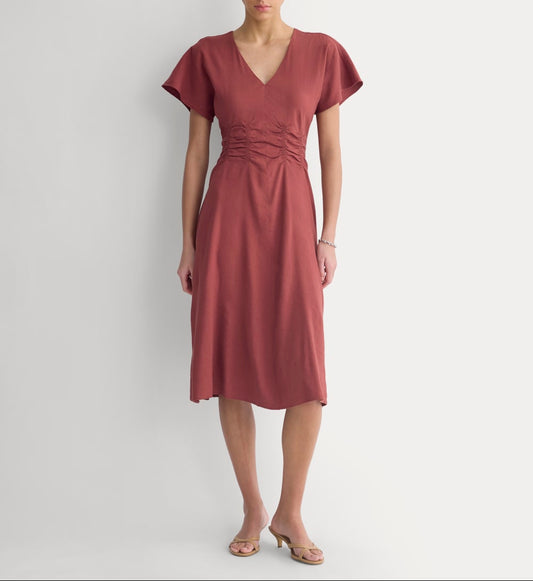 Cinched Dress in Stretch Linen | Henna Red