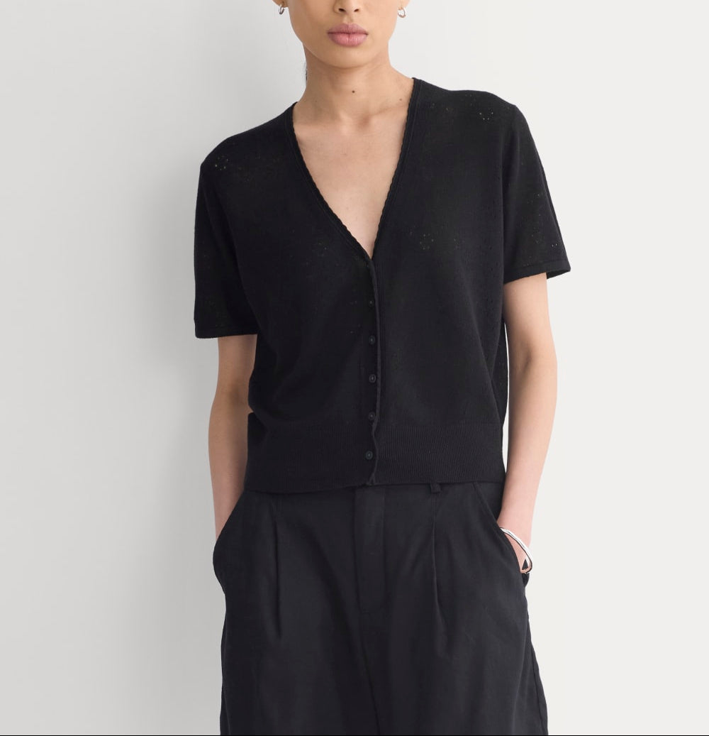 Lace Trim Cardigan in Fine Linen | Black