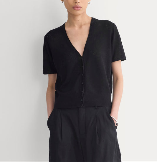 Lace Trim Cardigan in Fine Linen | Black