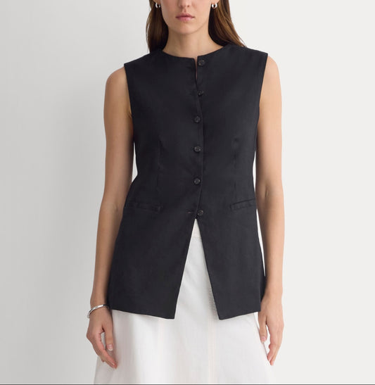 Long Vest in Stretch Linen | Black