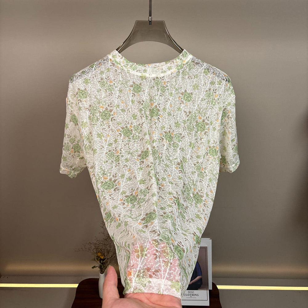 Allover Rose Floral Hollow Mesh Breathable Short Sleeve T-Shirt