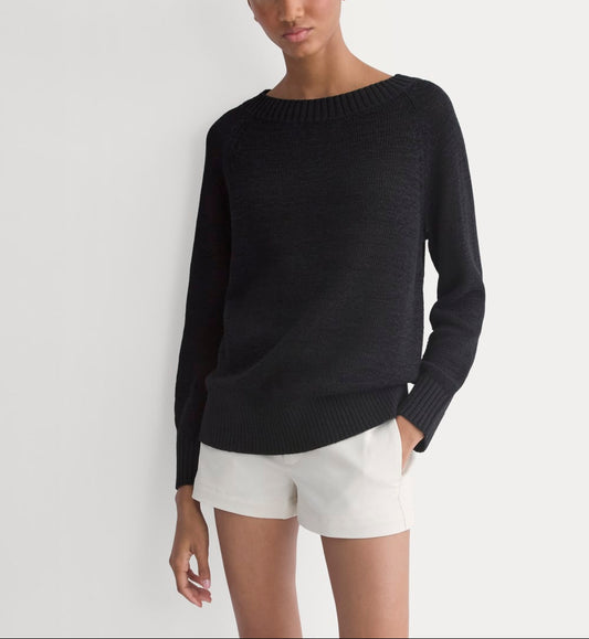 Wide-Neck Crew Sweater in Tape Yarn | Black