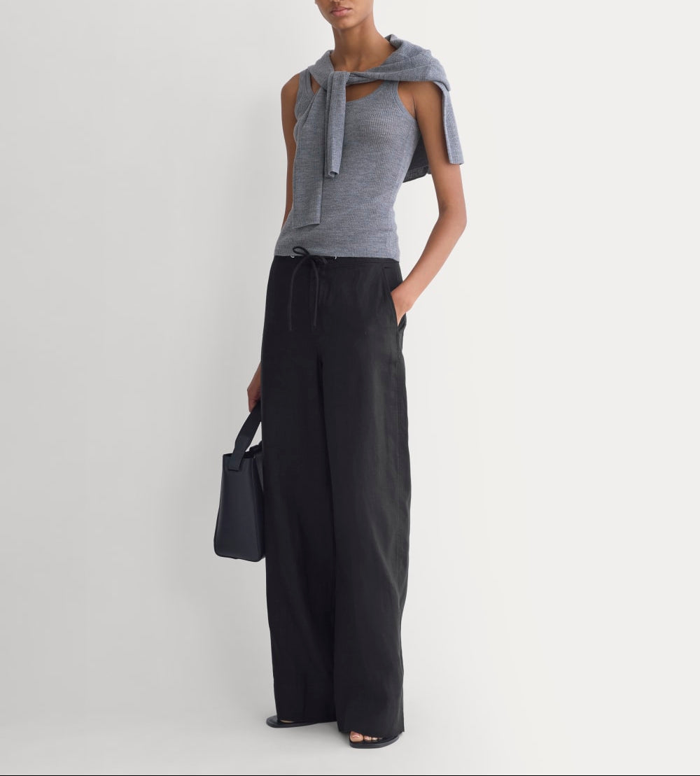 Wide-Leg Drawstring Pant in Linen | Black