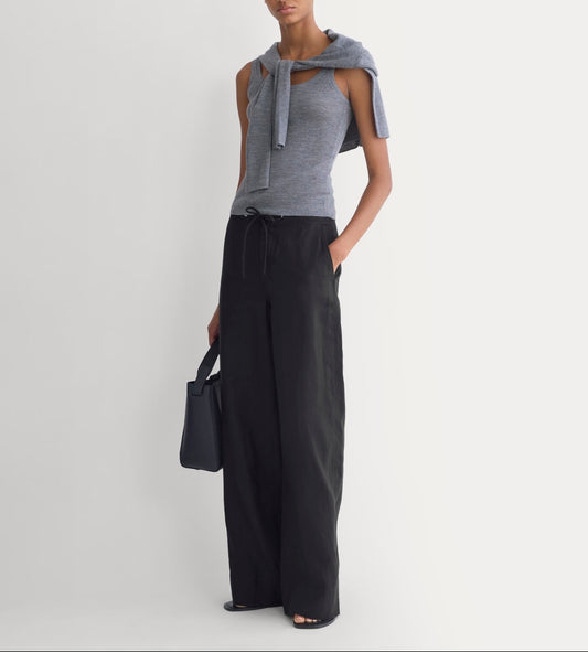 Wide-Leg Drawstring Pant in Linen | Black