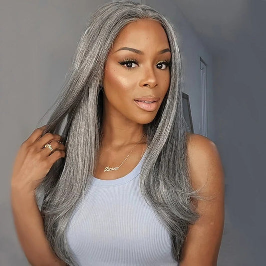 Marshana | Silver Luxe Gray 13x4 HD Lace Full Frontal Wig Straight Human Hair Salt And Pepper Wig For Women