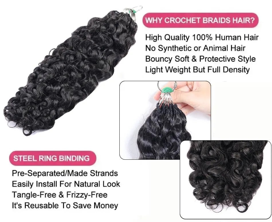 【Crochet Hair】Natural Wave Knotless Crochet Braids Human Hair Pre-looped Extensions Lightweight & Reusable