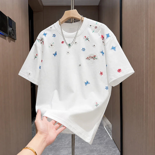 Scattered Floral Fan Embroidery Loose Crew Neck T-Shirt