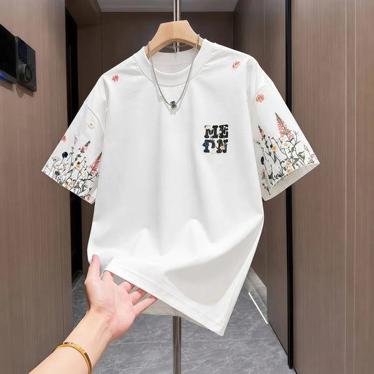 Sleeve Floral Letter Print Casual Crew Neck T-shirt