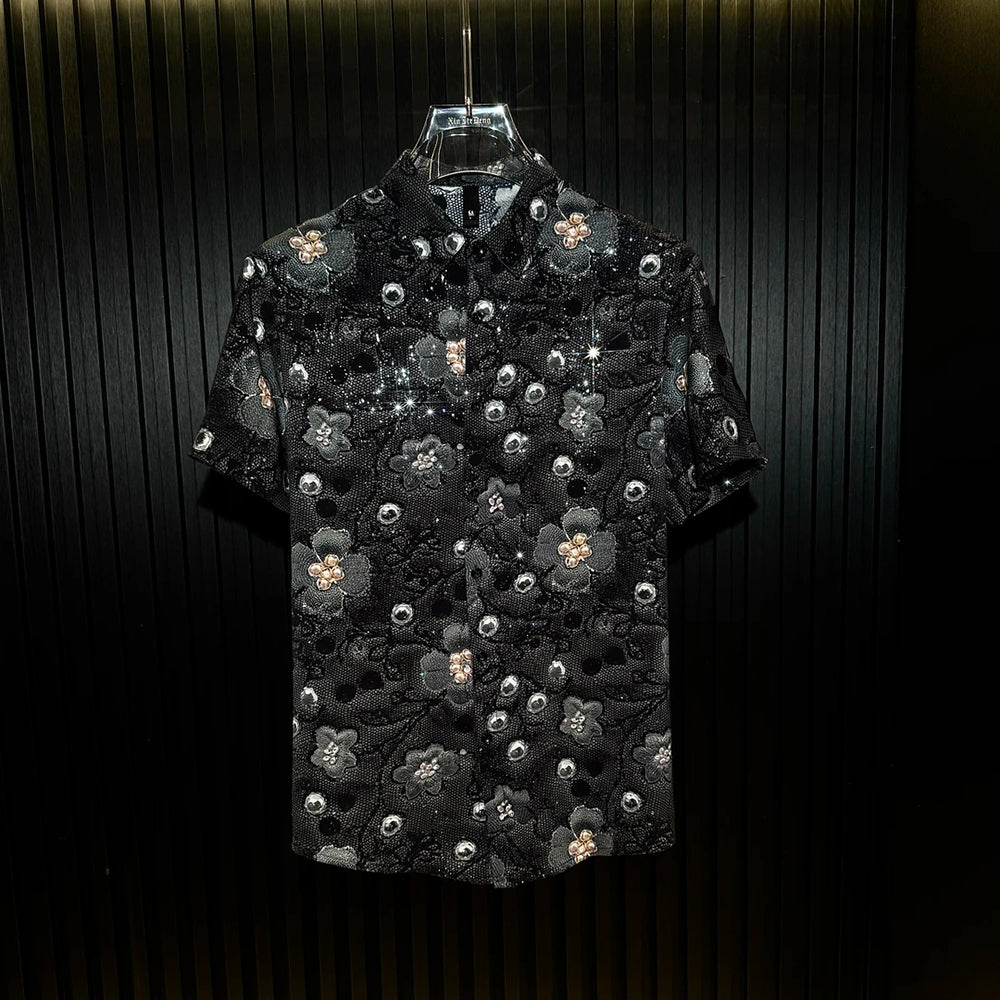 3D Floral Flocking Rhinestone Mandarin Collar Short Sleeve Shirt