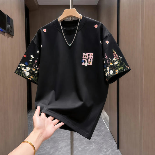 Sleeve Floral Letter Print Casual Crew Neck T-shirt