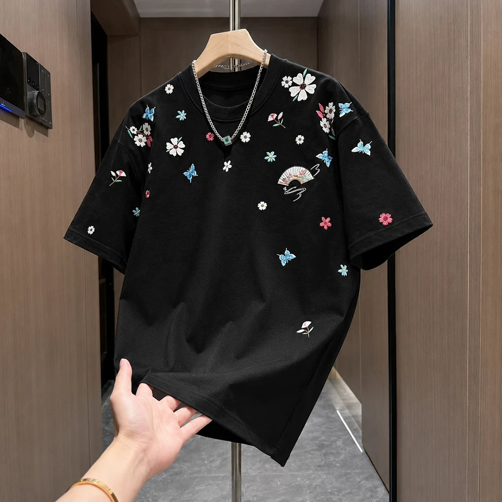 Scattered Floral Fan Embroidery Loose Crew Neck T-Shirt